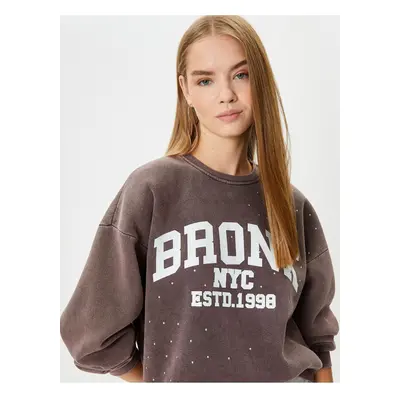 Koton College Sweatshirt Faded Effect Raised Crew Neck Cotton