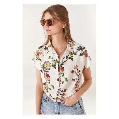 Olalook Women's Ecru Floral Bat Viscose Shirt