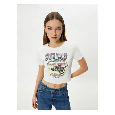 Koton Printed Crop T-Shirt Short Sleeve Crew Neck Cotton