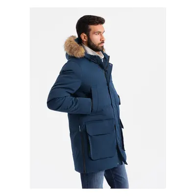 Ombre Men's long parka jacket with flared bottom - navy blue