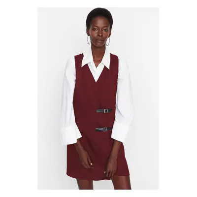 Trendyol Burgundy Straight Gilet Belt Detailed Mini Woven Dress