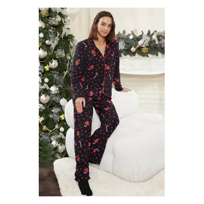 Trendyol Black-Multicolor Heart New Year Themed Viscose Woven Pajamas Set with Piping Detail