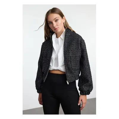 Trendyol Black Oversize Tweed Bomber Thin Jacket Coat