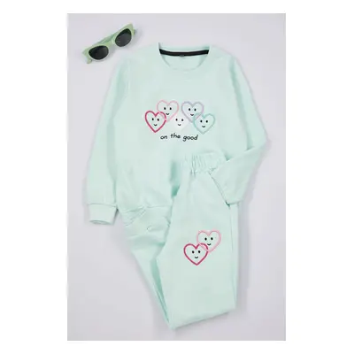 Trendyol Mint Girls Heart Patterned Pajama Set Knitted Bottom-Top Set