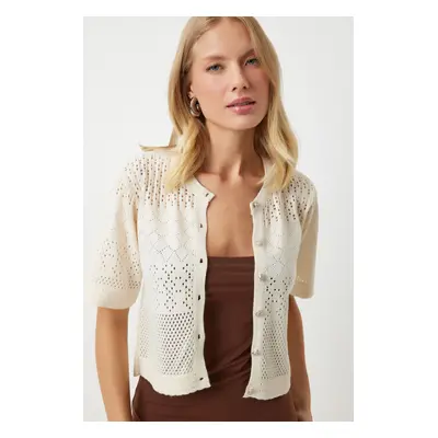 Happiness İstanbul Women's Cream Openwork Seasonal Knitwear Cardigan