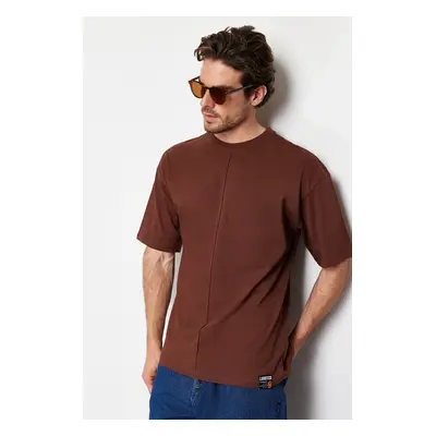 Trendyol Brown Oversize 100% Cotton T-Shirt with Stitching Detail