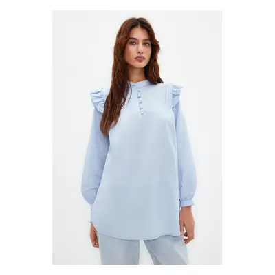 Trendyol Light Blue Ruffle Detailed Cotton Blend Woven Shirt