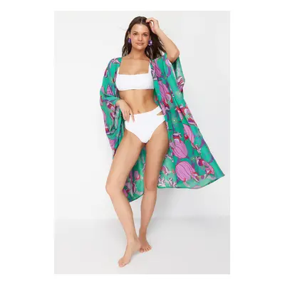 Trendyol Tropical Patterned Belted Maxi Woven Kimono & Kaftan