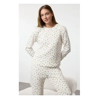 Trendyol Ecru Soft Touch Cotton Floral Ribbed Knitted Pajama Set