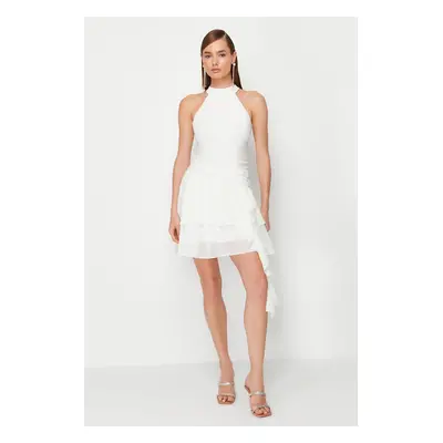 Trendyol Bridal White A-Line Ruffled Woven Short Wedding/Wedding Elegant Evening Dress