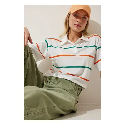 Happiness İstanbul Women Ecru Orange Polo Neck Striped Short Knitted T-Shirt