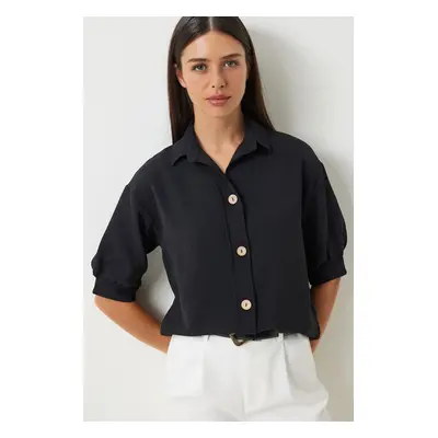 Happiness İstanbul Women's Black Balloon Sleeve Linen Ayrobin Shirt