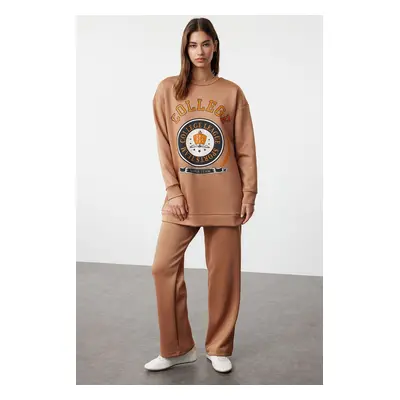 Trendyol Brown Printed Scuba Knitted Tracksuit Set