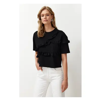 Trendyol Black 100% Cotton Ruffle Detailed Relaxed/Comfortable Fit Short Sleeve Knitted T-Shirt