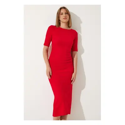 Happiness İstanbul Women's Red Gather Detailed Summer Knitted Dress