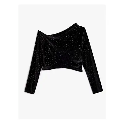 Koton Velvet Stone Detailed Asymmetric Off-Shoulder Blouse