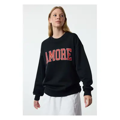 Trendyol Navy Blue Thick Fleece Inside Oversize/Wide Cut Slogan Embroidered Knitted Sweatshirt