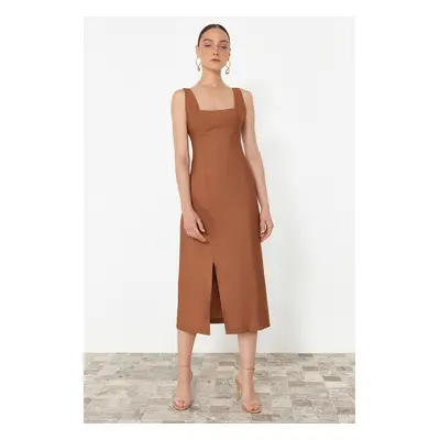 Trendyol Brown A-Line Square Neck Slit Strap Midi Woven Dress