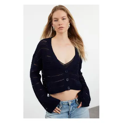 Trendyol Light Navy Blue Crop Openwork/Perforated V-Neck Knitwear Cardigan