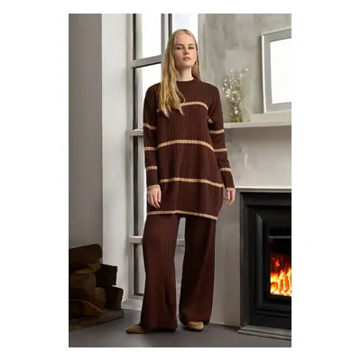 Trendyol Brown Striped Corduroy Knitwear Bottom-Top Set