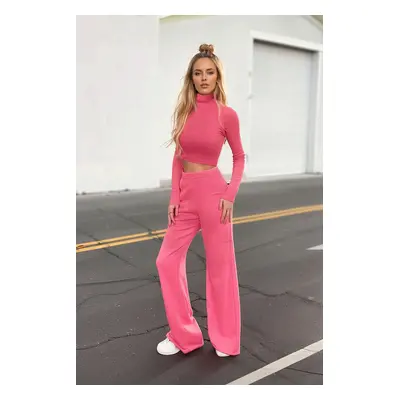 Trendyol Fuchsia High Collar Soft Crop and Wide Leg Knitted Bottom-Top Set