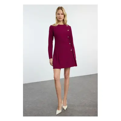 Trendyol Dark Cherry Fitted/Fits the Body Button Detailed Crew Neck Mini Woven Dress