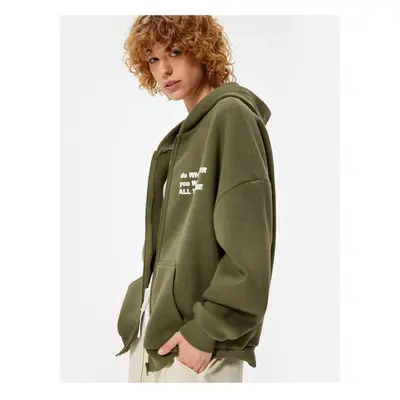 Koton Oversize Hooded Raised Zippered Printed Sweatshirt