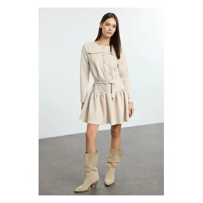 Trendyol Stone Belted Skater/Waist Open Pleated Skirted Suede Mini Woven Dress