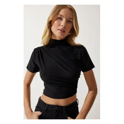 Happiness İstanbul Women's Black Gathered High Neck Knitted Blouse