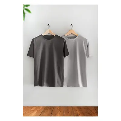 Trendyol Grey Melange-Anthracite Melange Relaxed/Comfortable Cut 2-Pack Basic T-Shirt