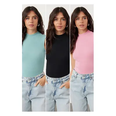 Trendyol Black-Pink-Mint 3-Pack Fitted Flexible Knitted Blouse