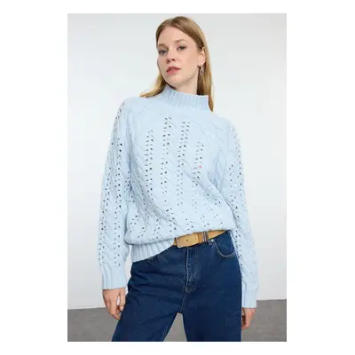 Trendyol Light Blue Soft Texture Wide Pattern Openwork/Hole Stand Collar Knitwear Sweater