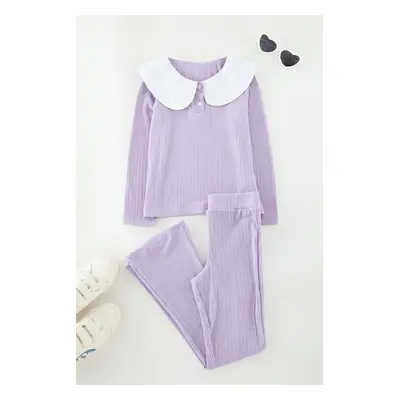 Trendyol Lilac Girl Printed Knitted Bottom-Top Set