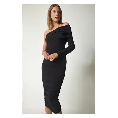 Happiness İstanbul Women's Black One-Shoulder Gathered Sandy Dress