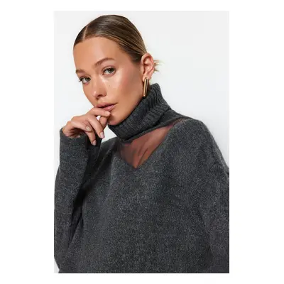 Trendyol Anthracite Soft Textured Tulle Detailed Knitwear Sweater