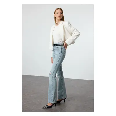 Trendyol Blue Ripped Detail High Waist Flare Jeans