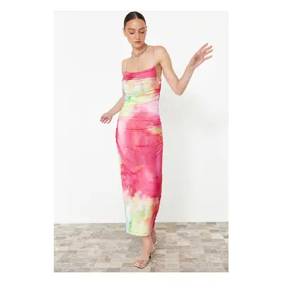 Trendyol Limited Edition Pink Printed Midi Adjustable Strap Stretch Knit Pencil Dress