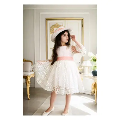 N8712 Dewberry Princess Model Girls Dress with Hat & Lace-WHITE