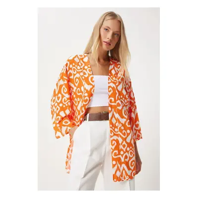 Happiness İstanbul Women's Orange Ecru Patterned Viscose Kimono