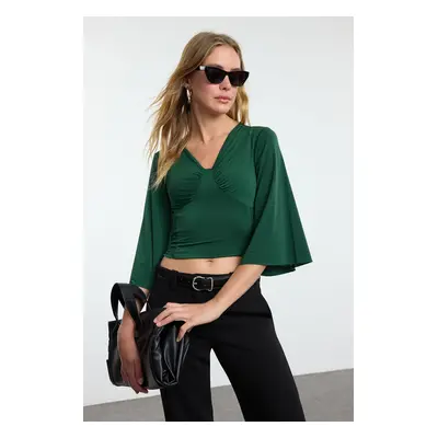 Trendyol Emerald Green Gathered/Draped Detailed Three Quarter Sleeve Flexible Knitted Blouse