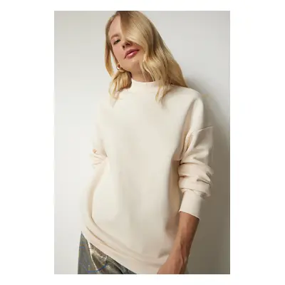 Happiness İstanbul Women's Cream High Neck Basic Raised Sweatshirt