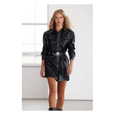 Trendyol Limited Edition Black Zippered Faux Leather Mini Woven Shirt Dress