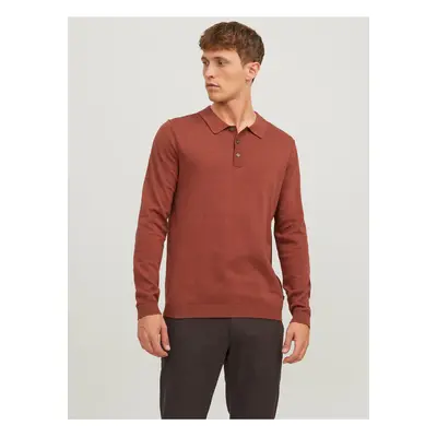 Cihlové pánské úpletové polo tričko s dlouhým rukávem Jack & Jones - Pánské