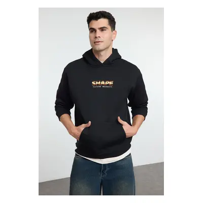 Trendyol Black Oversize/Wide Cut Text Printed Hooded Fleece Sweatshirt