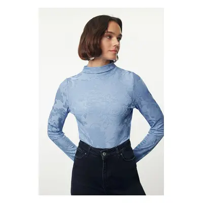 Trendyol Blue Jacquard Fitted Stretch Knitted Blouse