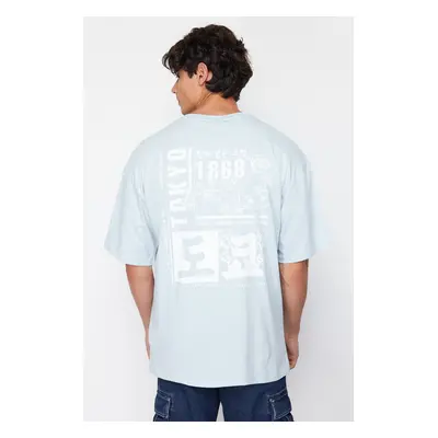 Trendyol Light Blue Oversize/Wide Cut Headlight East Printed 100% Cotton T-Shirt