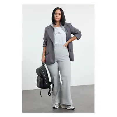 Trendyol Curve Grey Melange High Waist Flare Knit Plus Size Sweatpants