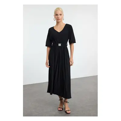 Trendyol Black Skater Belted Three Quarter Sleeve Maxi Stretch Knit Dress