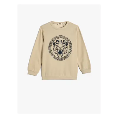 Koton Sweatshirt Tiger Embossed Printed Cardigan Crew Neck