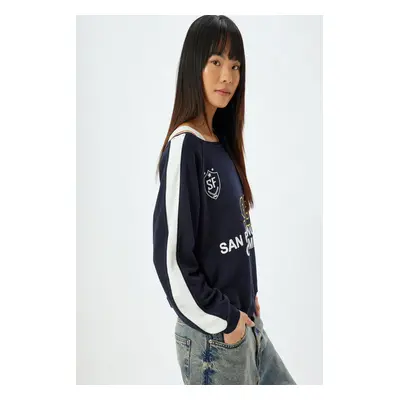 Koton Oversize College Sweatshirt with Back Print and Boat Neck Raised